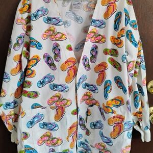 Bright Colorful Scrubs Jacket, Flip Flop Print, Size Large. Summer. Nurse Gift.